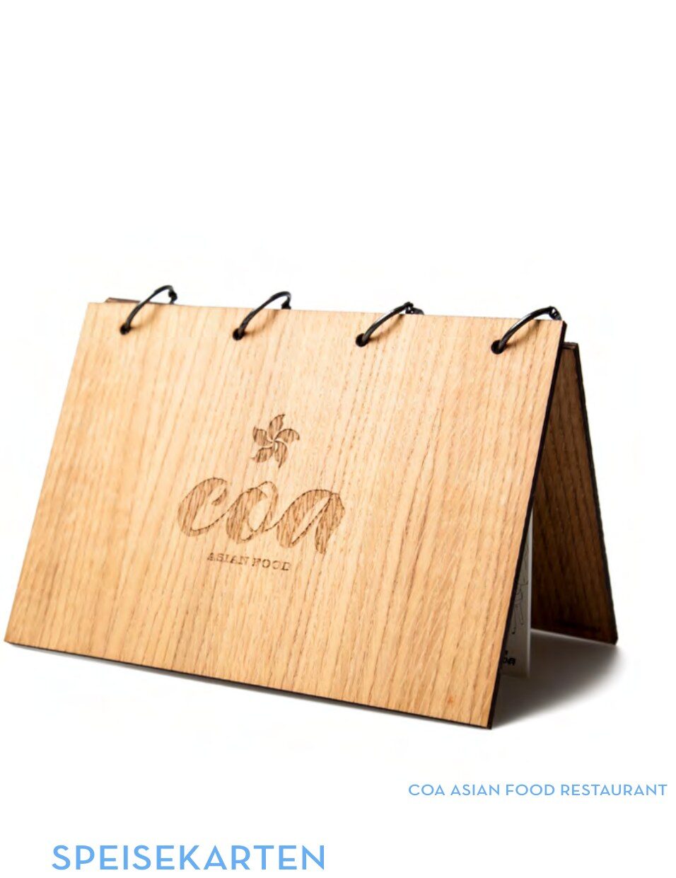 Lasergravierte Holz-Speisekarte aus Eichenfurnier, COA Asian Food