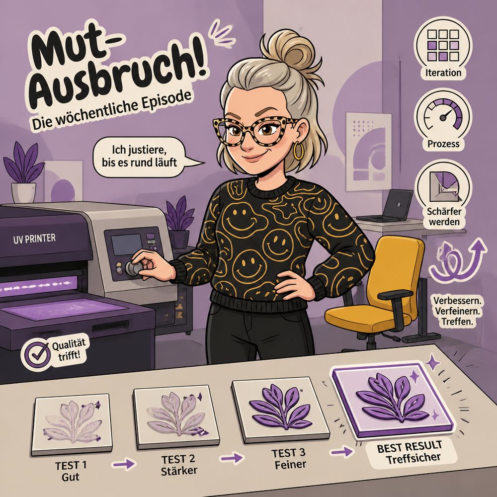 Mut-Ausbruch! Episode, Themenfeld Lila, UV-Druck-Test, KI-erzeugt
