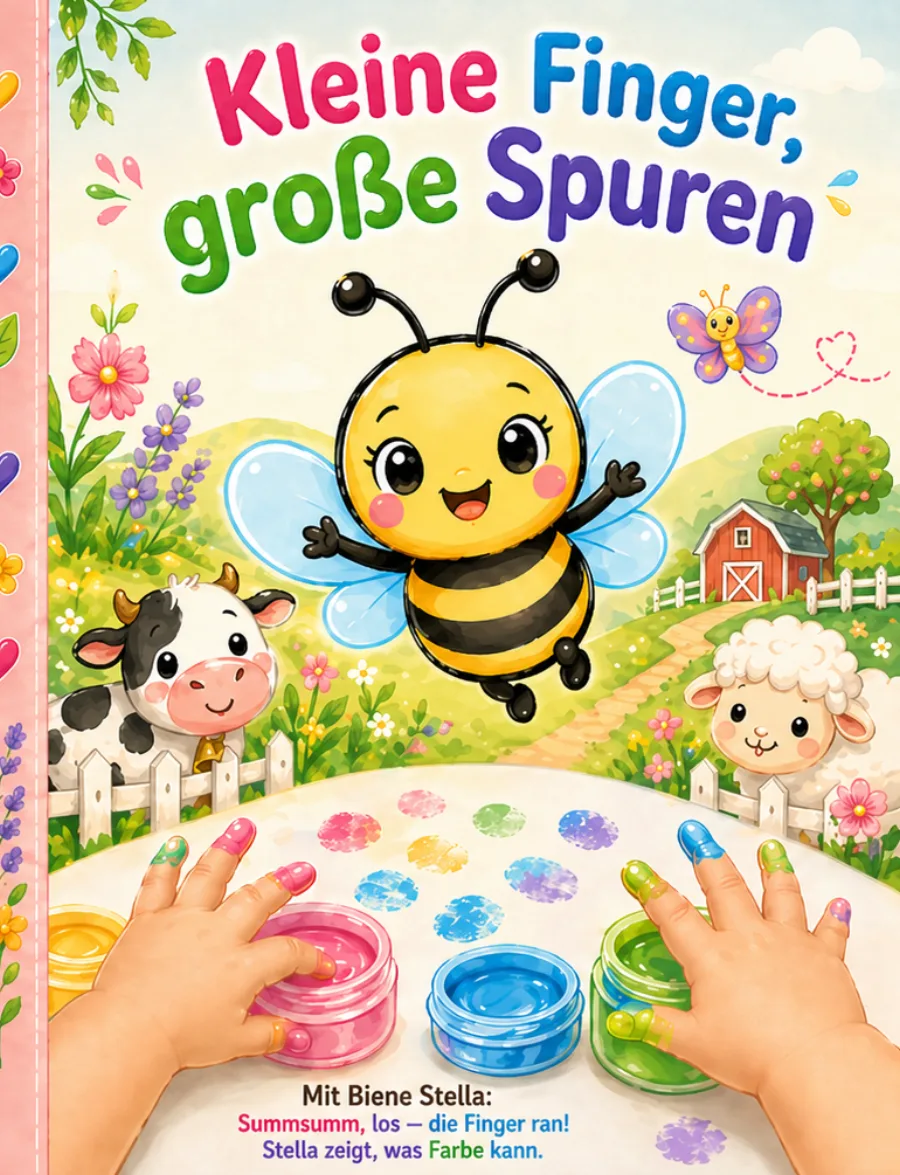 Buchcover Kleine Finger, große Spuren, Biene Stella auf dem Bauernhof, KI-erzeugt