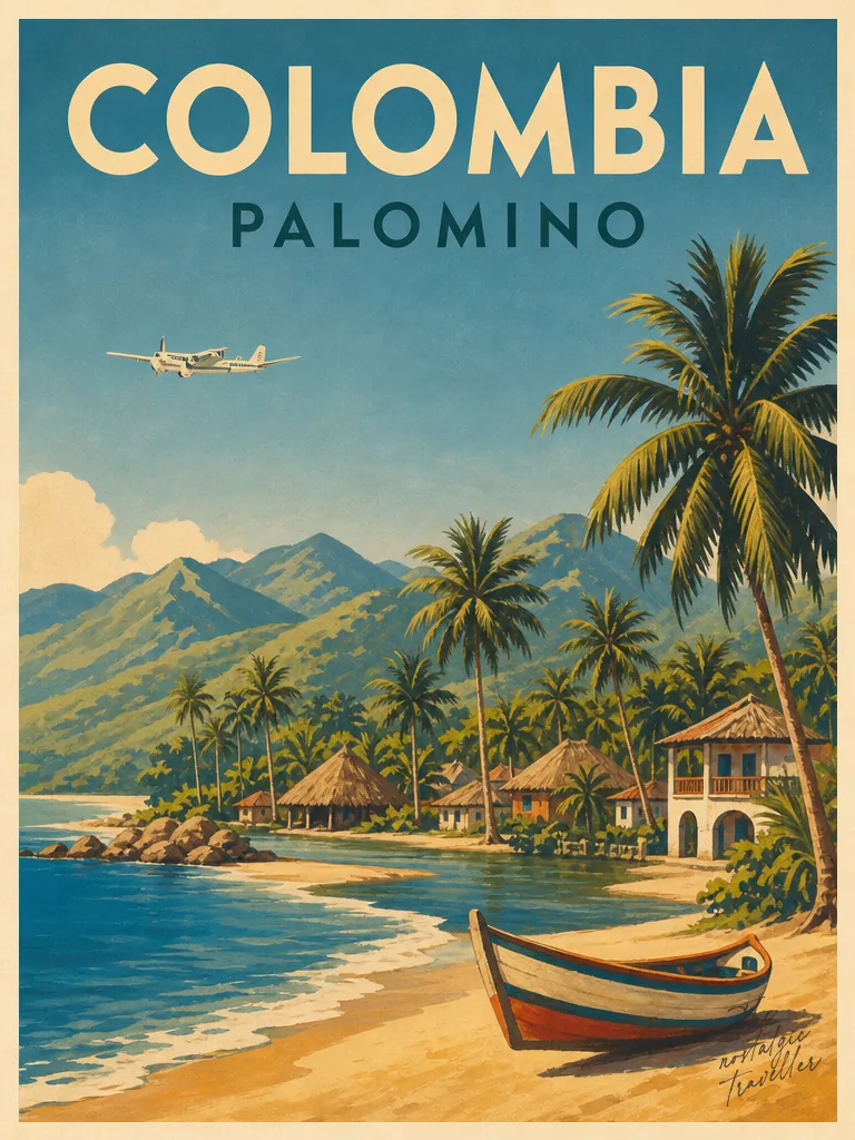 The Nostalgic Traveller Vintage-Reiseposter, Palomino, Colombia, KI-erzeugt